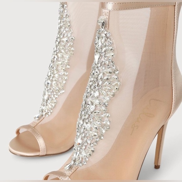 Lulu’s Hanakun Rose Gold Satin Rhinestone Peep toe Booties - Picture 3 of 14